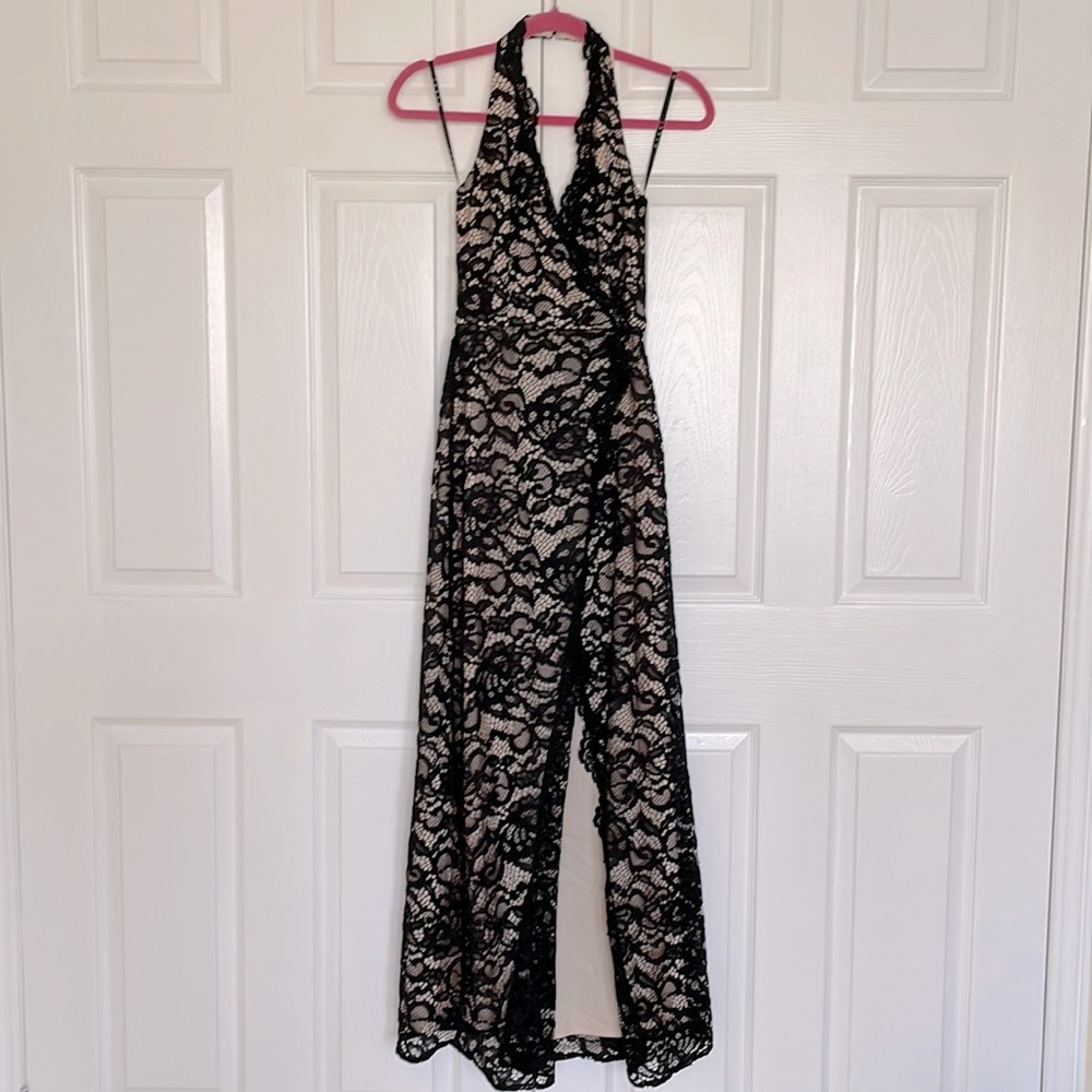 Jarlo black lace wrap halter neck maxi dress, size 6P